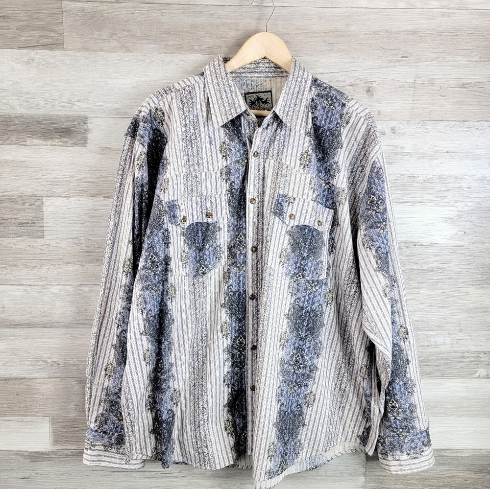 Vintage Indigo Joe Tropical Cat Eye Snap Button Long Sleeve Cotton Shirt XXL